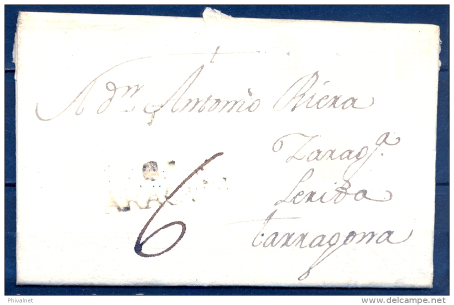 1803 , ARAGÓN , ZARAGOZA , CARTA CIRCULADA ENTRE CASPE Y TARRAGONA , MARCA PREF. Nº2 , PORTEO - ...-1850 Prefilatelia