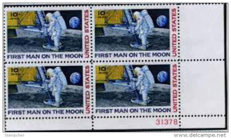 Corner Block -1969 USA Moon Landing Air Mail Stamp Sc#c76 Space First Man On The Moon Globe - United States