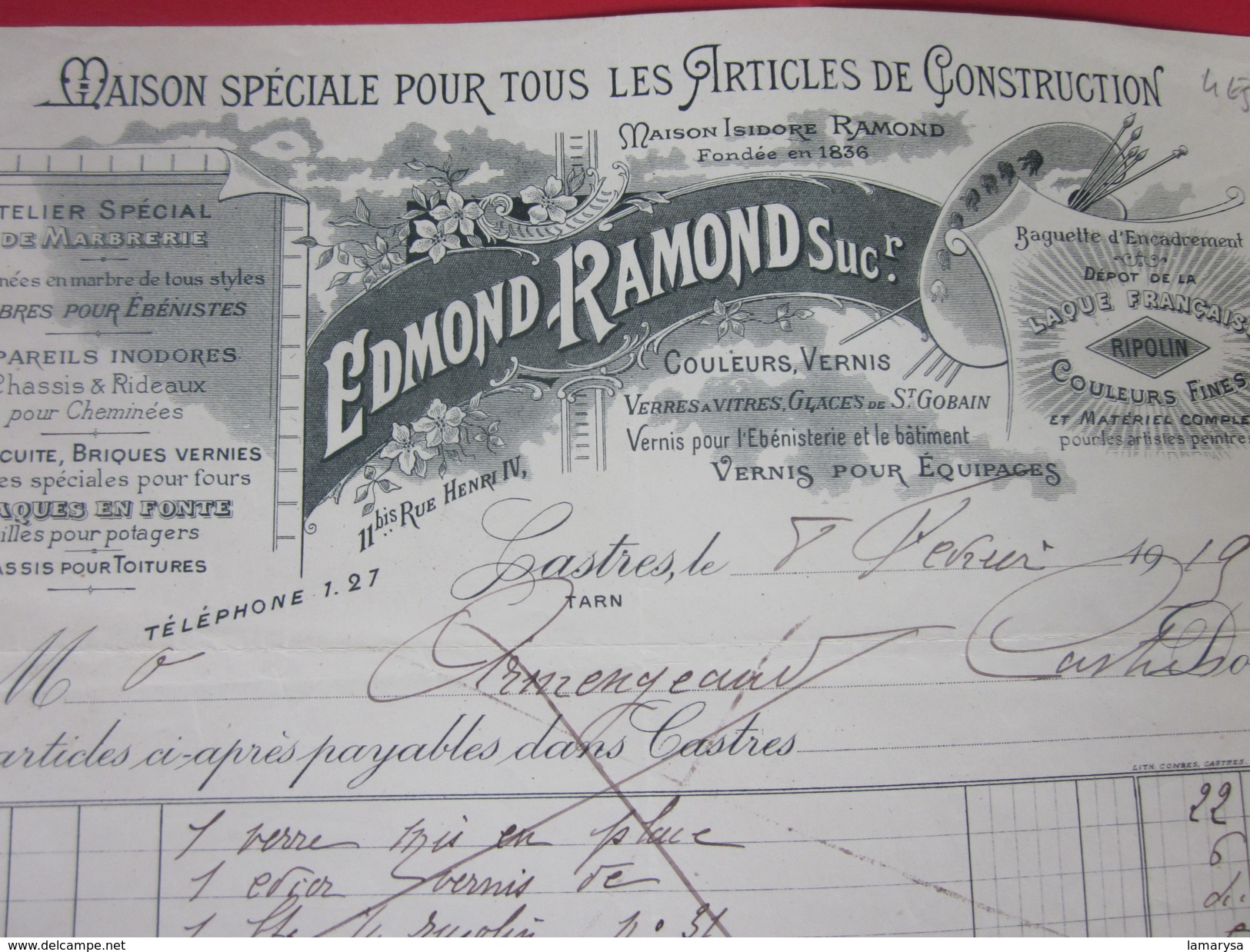 Castres Tarn-1919-Edmond Ramond- Articles De Construction-peinture-marbres-- Facture & Doc Commercial Illustré-Réalmont - Otros & Sin Clasificación