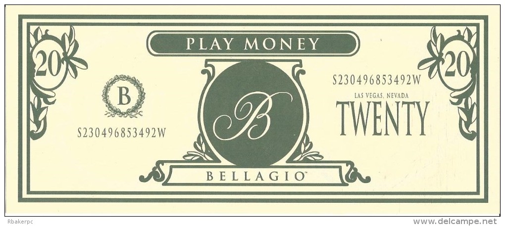 Bellagio Casino Las Vegas, NV Play Day Oct 1998 - $20 Play Money Bill - Casino Cards