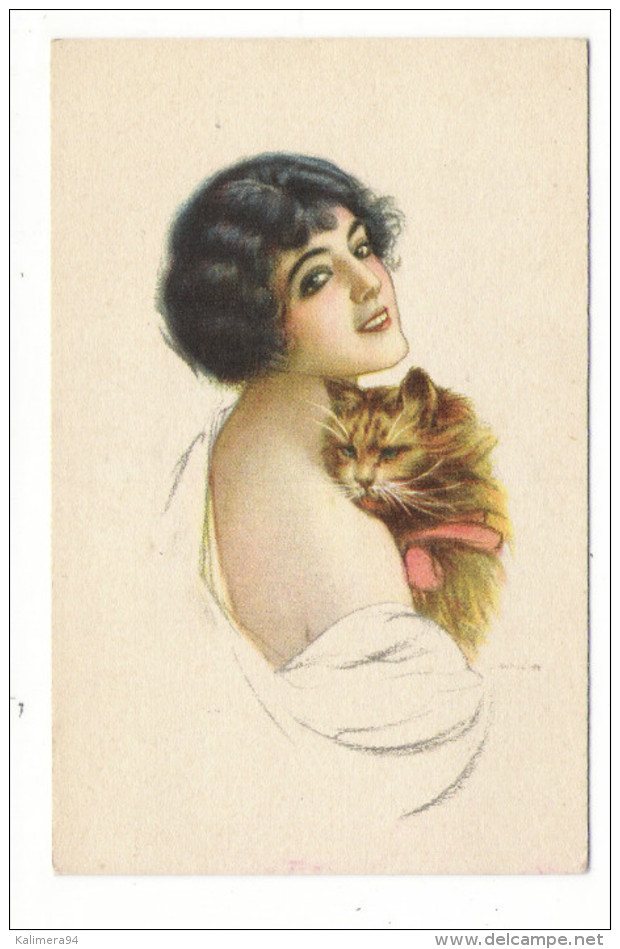 FEMME ( Coiffure Années 20 ) + CHAT  ( Chatte Avec Ruban Rose ) /  Edition Italienne  ( N° 4395 , Du 13-6-1918 ) - Chats