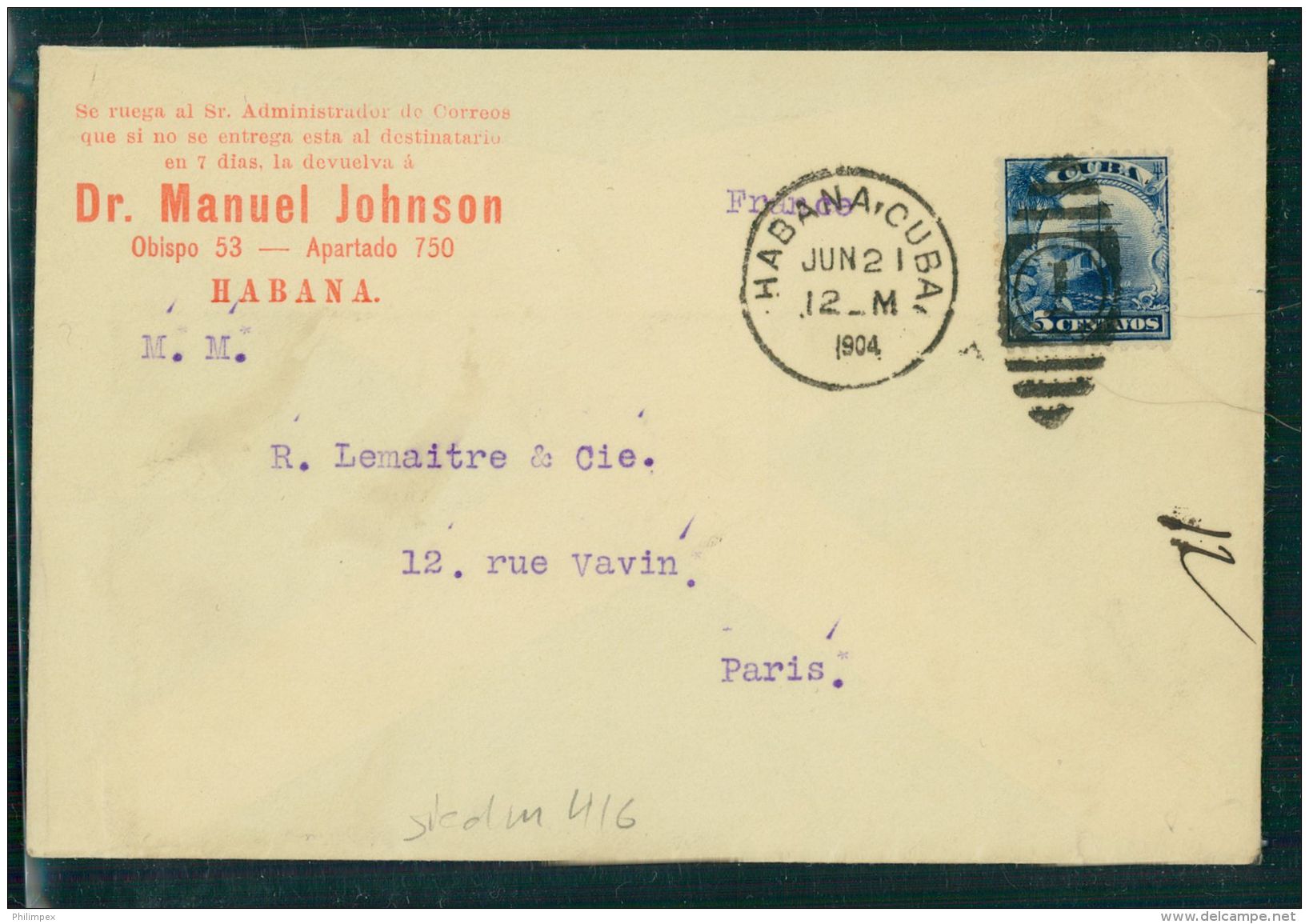 CUBA, COVER 1904 TO PARIS, 15 CENTIMOS STAMP - Lettres & Documents