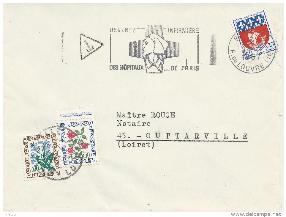 France, Postage Due, Flowers, Myosotis And Clover, 1964, VFU On Cover Postmark "nurse" - 1960-.... Covers & Documents