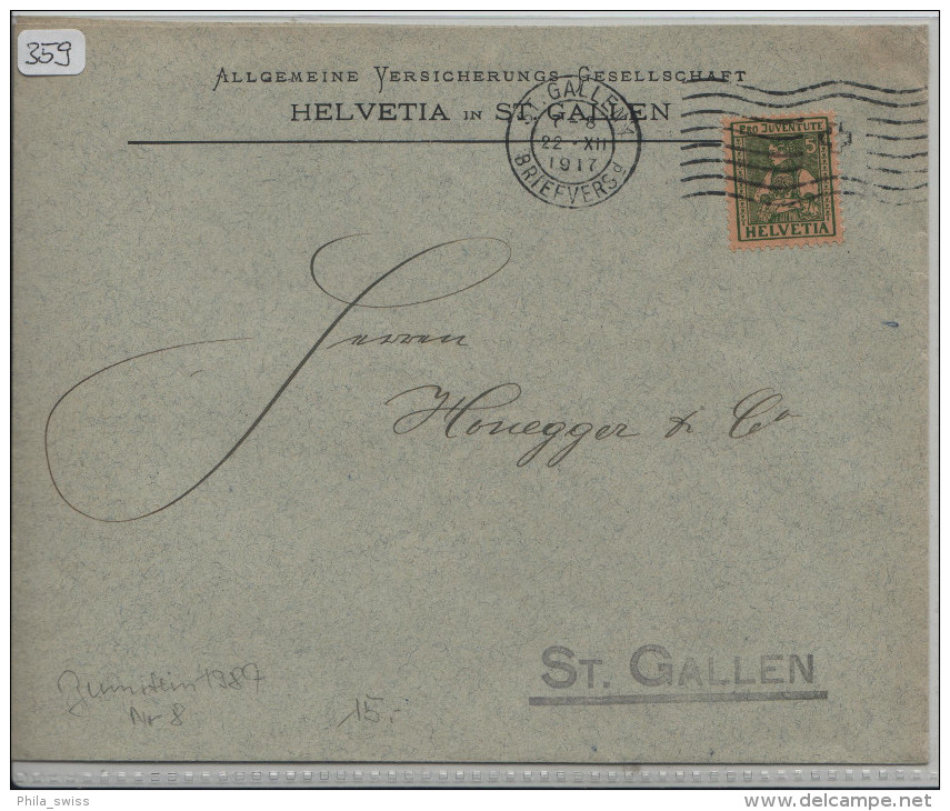 Pro Juventute 1917 J8 Unterwaldnerin - Helvetia Versicherungen St. Gallen - Lettres & Documents
