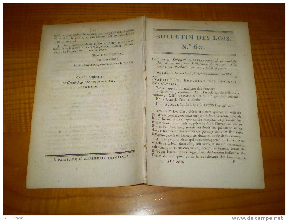 1806 Napoléon:vente & Droits Sur Vin,cidre,poiré. Garde Nationale Sédentaire. Fabrication Des Armes.Décret Sur Désertion - Décrets & Lois