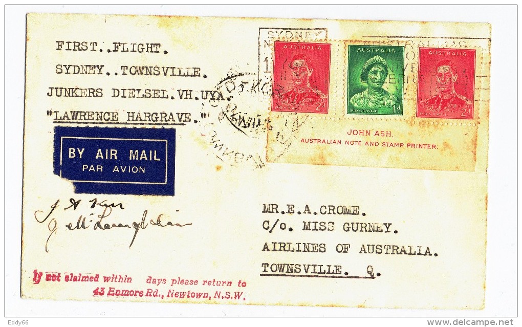 First Flight Cover (Erstflugbeleg) Sydney-Townsville Von 1937 Mit Originalsignums Der Piloten - First Flight Covers