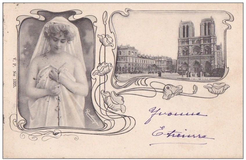 PARIS 4°  Belle CPA  ART NOUVEAU Femme PHOTO Reutlinger NOTRE DAME Hopital HOTEL DIEU Timbré 1902 Scan Dos - Arrondissement: 04