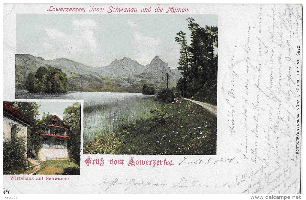 GRUSS VOM LOWERZERSEE &#8594; Mehrbild-Litho Mit Lauerzersee & Insel Schwanau 1900 - Lauerz