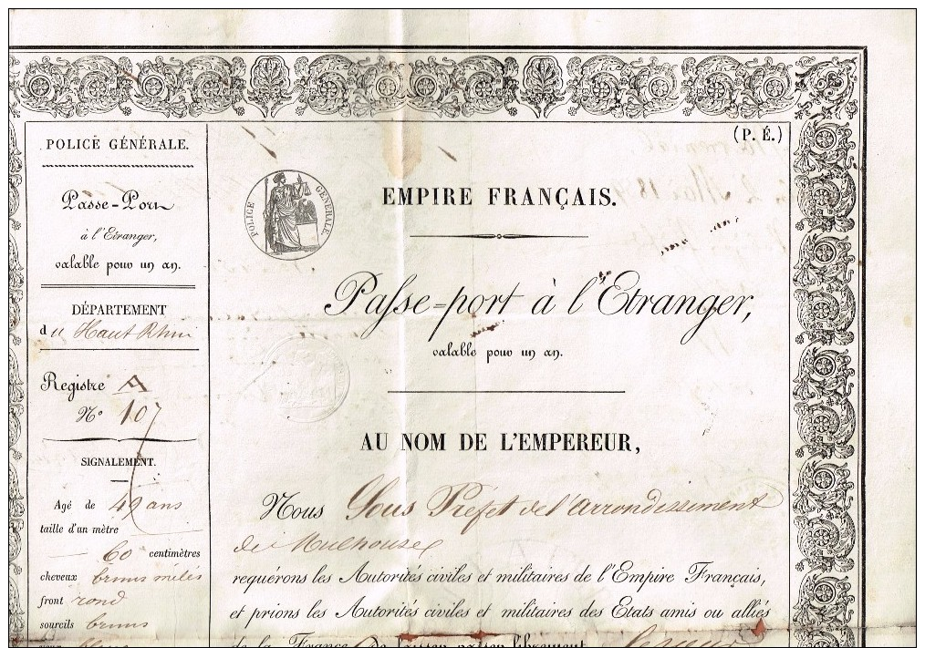 Passeport à L´Étranger Couvent De Reiningue -Hollande-Köln-Aachen-Münster-Rotterdam-Utrecht-Wissembourg 1859 - Manuscrits