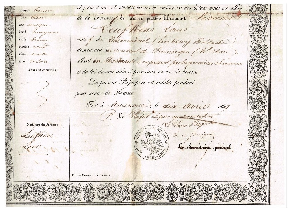 Passeport à L´Étranger Couvent De Reiningue -Hollande-Köln-Aachen-Münster-Rotterdam-Utrecht-Wissembourg 1859 - Manuskripte