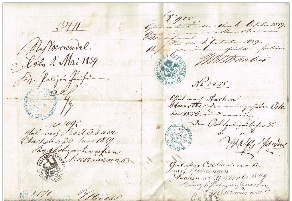 Passeport à L´Étranger Couvent De Reiningue -Hollande-Köln-Aachen-Münster-Rotterdam-Utrecht-Wissembourg 1859 - Manuscrits