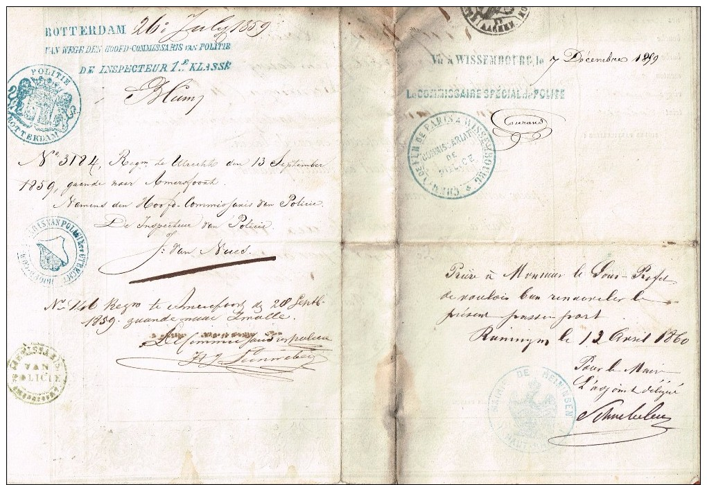 Passeport à L´Étranger Couvent De Reiningue -Hollande-Köln-Aachen-Münster-Rotterdam-Utrecht-Wissembourg 1859 - Manuscrits