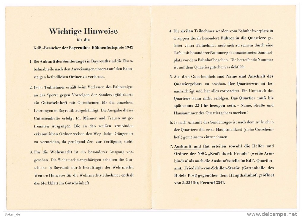 Bayreuther Bühnenfestspiele 1942, Hinweise Für KdF Besucher, Kraft Durch Freude , Die Deutsche Arbeitsfront - Programs