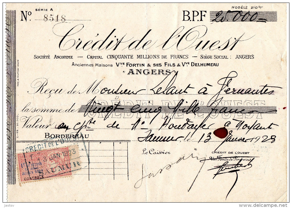 Timbre Taxe Rose Paiements 20c Pour 100F Bordereau Crédit De L'ouest 1923 Fortin Delhumeau Angers M. Lelaut Saumur - Non Classés