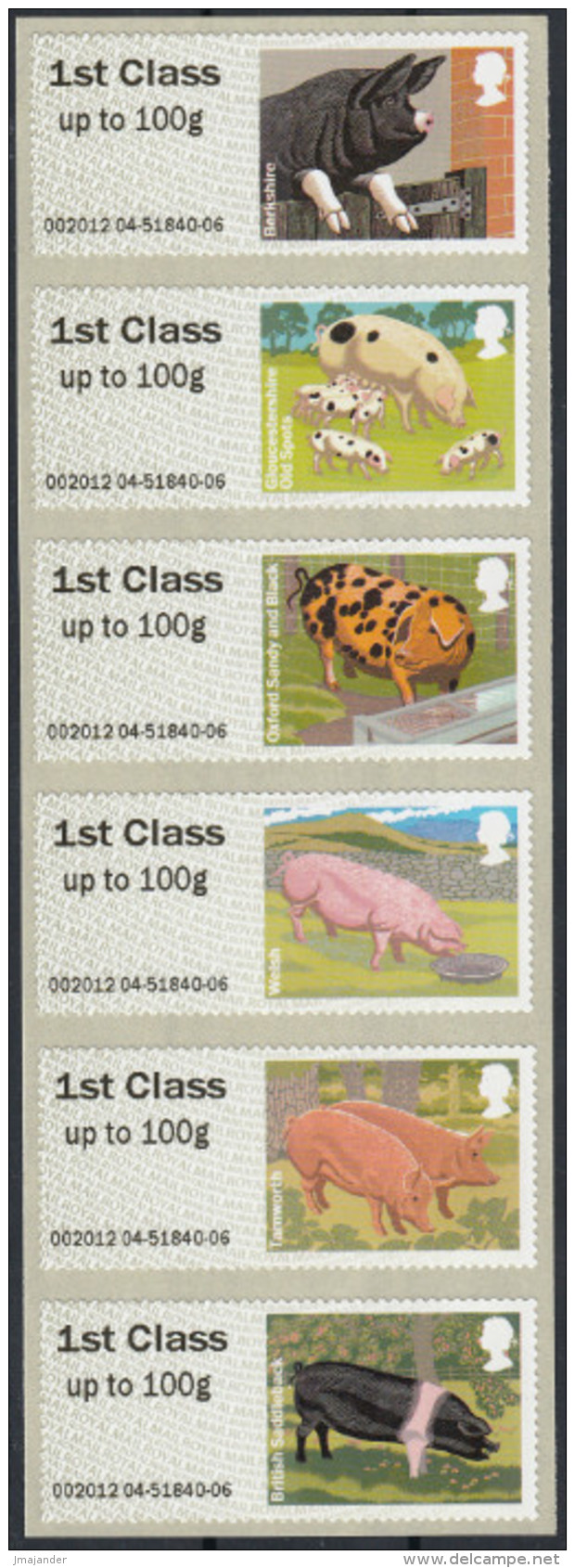 Great Britain 2012 Post And Go: Pigs MNH Strip Of Six Stamps. - Post & Go Stamps