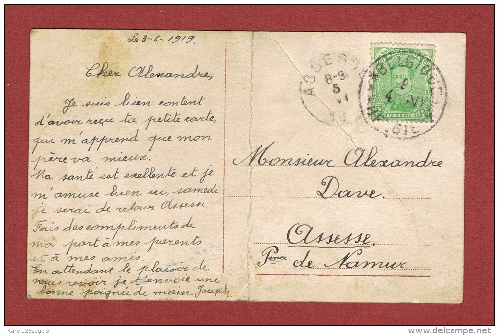 Postkaart Noodstempel Belgique 4 België 4 ; 4/6/1919 Naar Assesse - Fortune Cancels (1919)