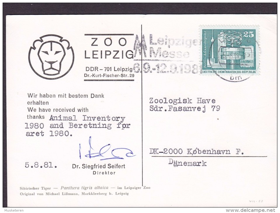Germany PPC Zoo Leipzig Sibirische Tiger Tigre Original Von Michael Lissmann 1981 To Denmark (2 Scans) - Tigres