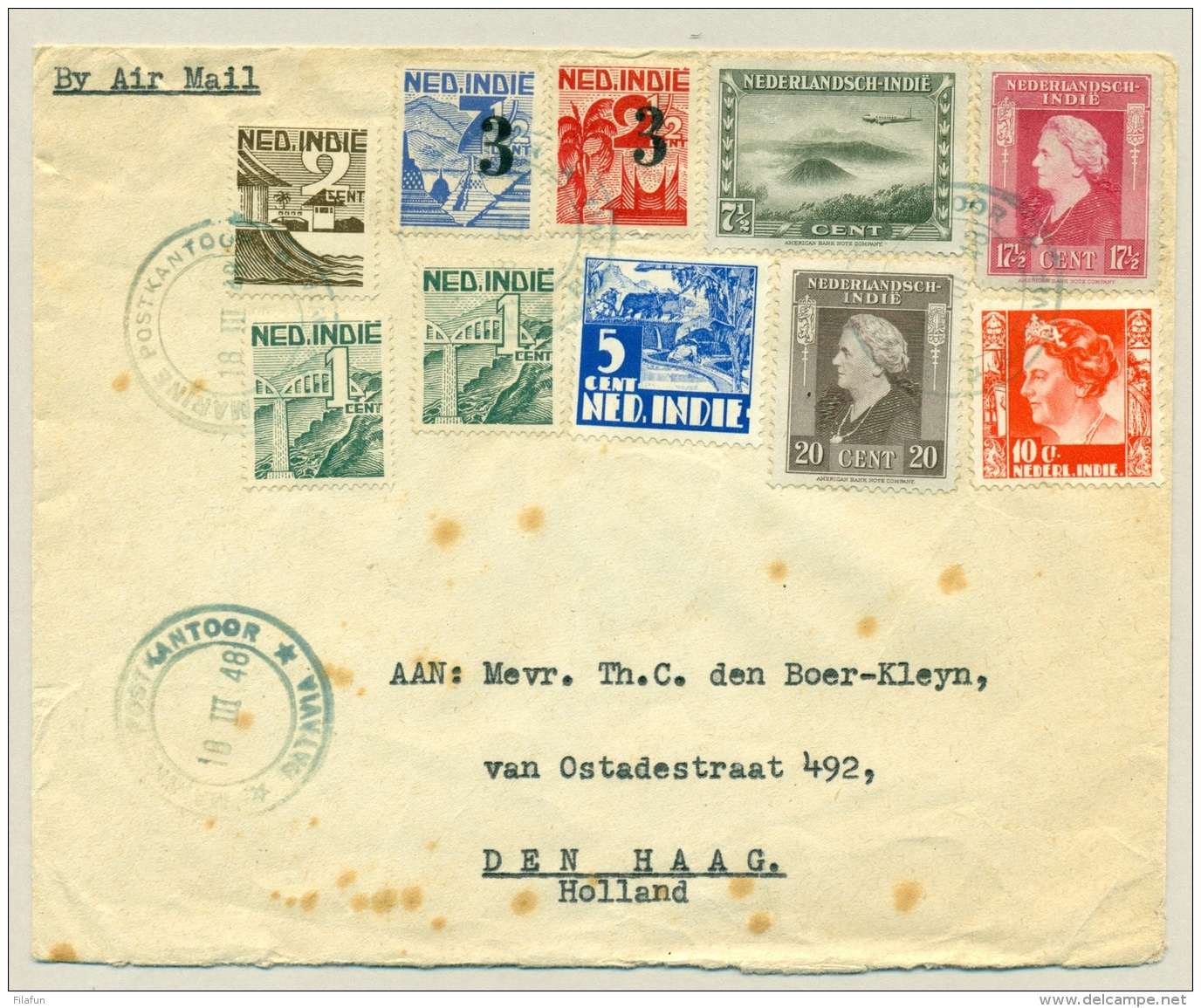 Nederlands Indië - 1948 - Marine Postkantoor Batavia - Groen / Rond Op LP-brief Naar Den Haag - Nederlands-Indië