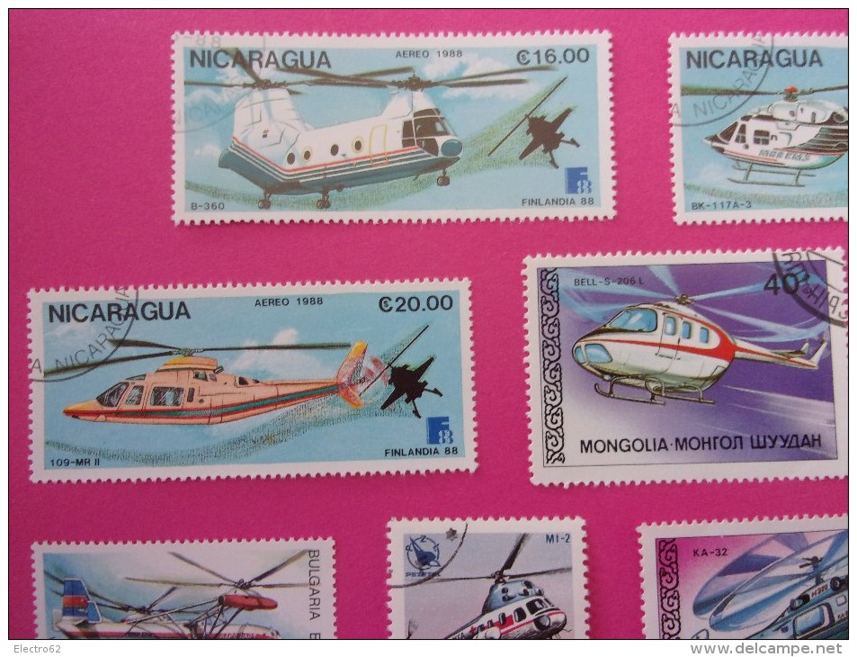 9 Timbres Hélicoptère, Nicaragua, Pologne, Bulgarie, Mongolie - Hélicoptères