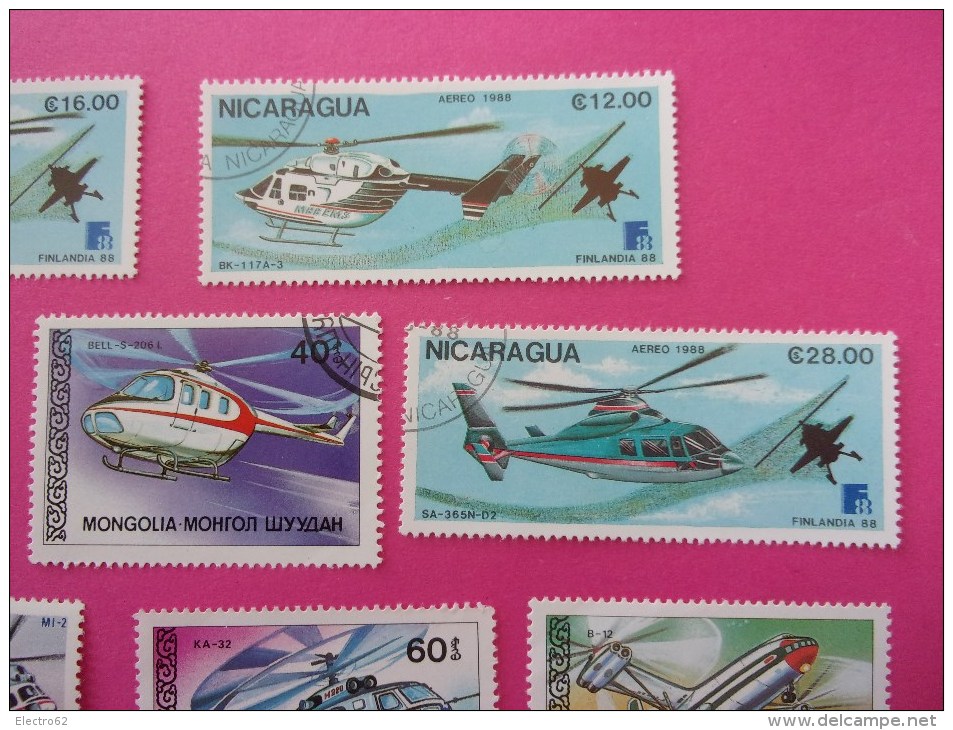9 Timbres Hélicoptère, Nicaragua, Pologne, Bulgarie, Mongolie - Hélicoptères