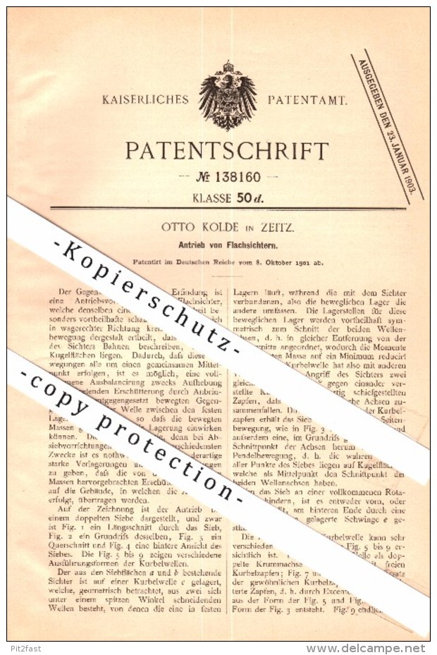 Original Patent - Otto Kolde In Zeitz , 1901 , Antrieb Von Flachsichtern !!! - Zeitz