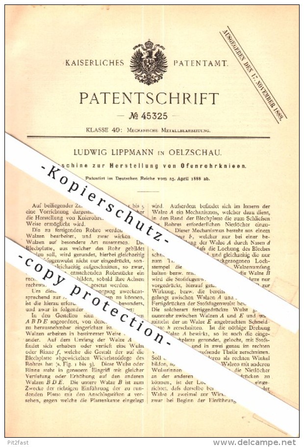 Original Patent - Ludwig Lippmann In Oelzschau B. Rötha , 1888 , Herstellung Von Ofenrohren , Heizungsbau , Ofenbau !!! - Roetha