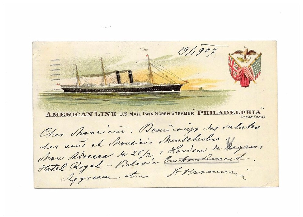 American Line U.S. Mail Twin Screw Steamer "PHILADELPHIA"1907 - Autres & Non Classés