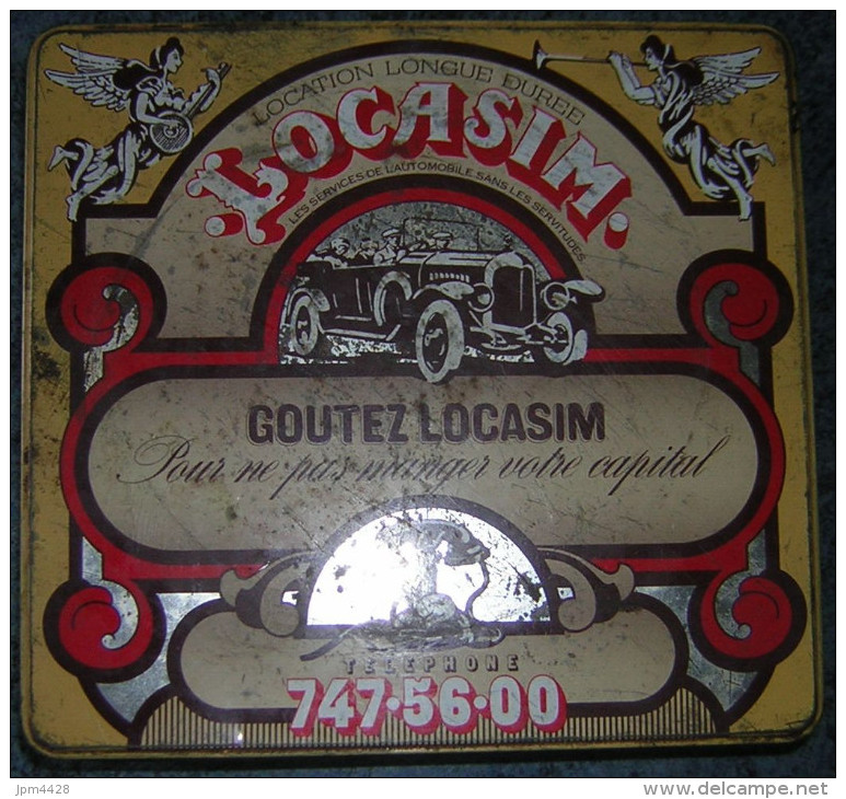 Boite Métal Ancienne 23.5x22.5x6.8 Cm - Emballage Gâteaux - GOUTEZ LOCASIM - Bon état Illustration Voiture Ancienne Fer - Scatole