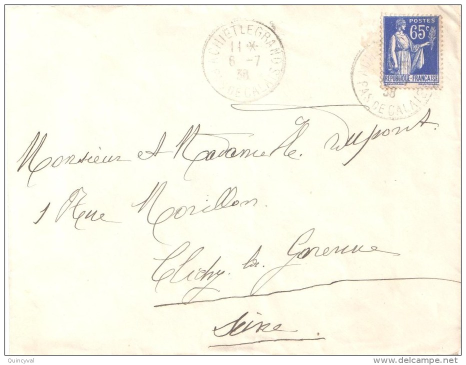 3499 ACHIET Le GRAND  Pas De Calais Lettre 65 C Paix Bleu Yv 365 Ob 6 7 1938 - Lettres & Documents