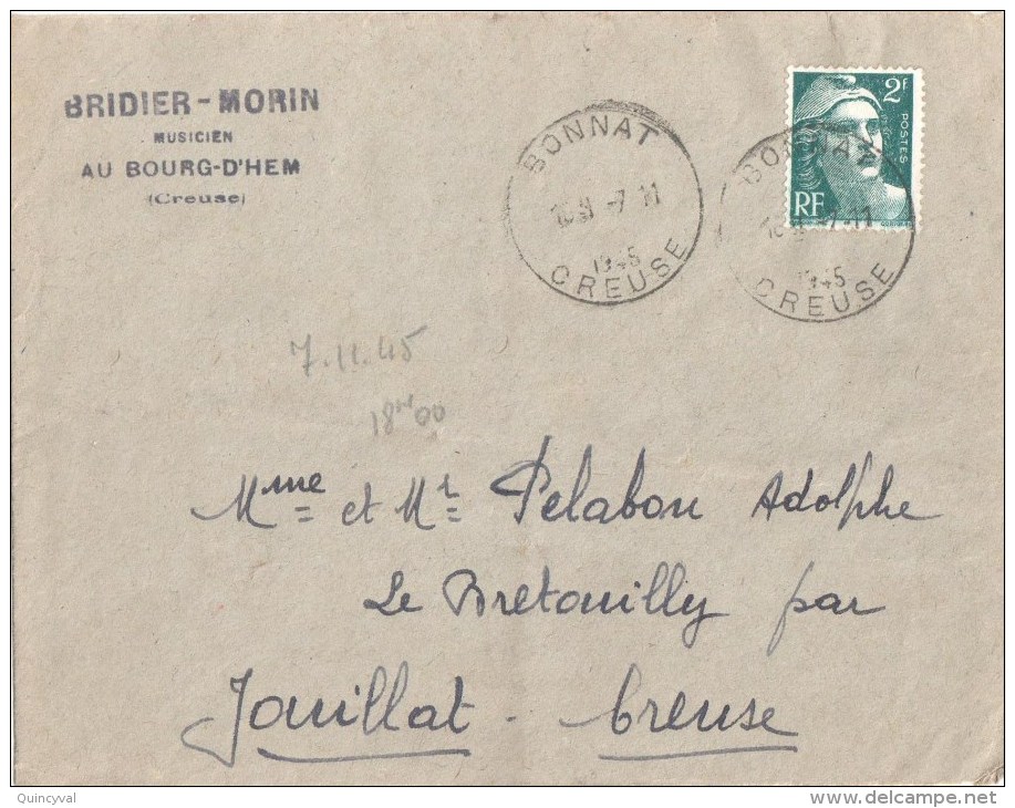 3501 BONNAT Creuse Lettre Ob 7 11 1945  2 F Gandon Vert   Yv 713  Musicien Bridier-Morin - Lettres & Documents