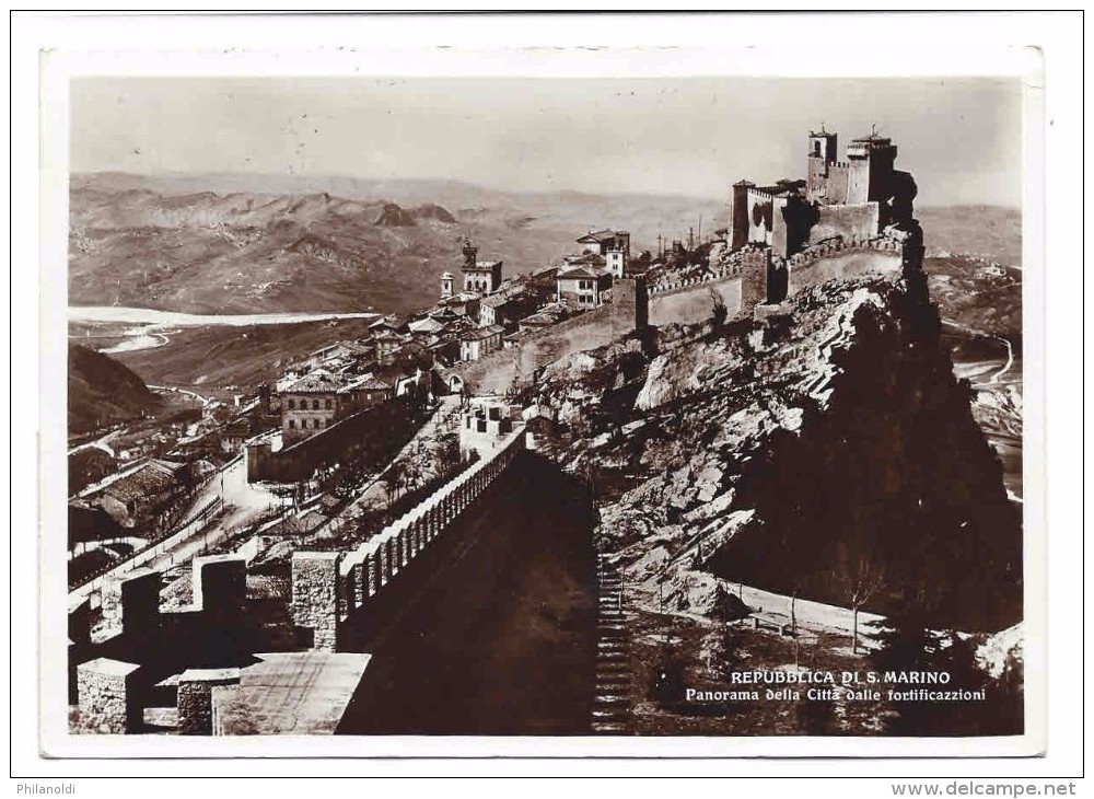 Garibaldi 25 Cent + Château - Saint Marin - Carte Postale Panorama De 1934 - Expédiée Vers La Suisse - Storia Postale