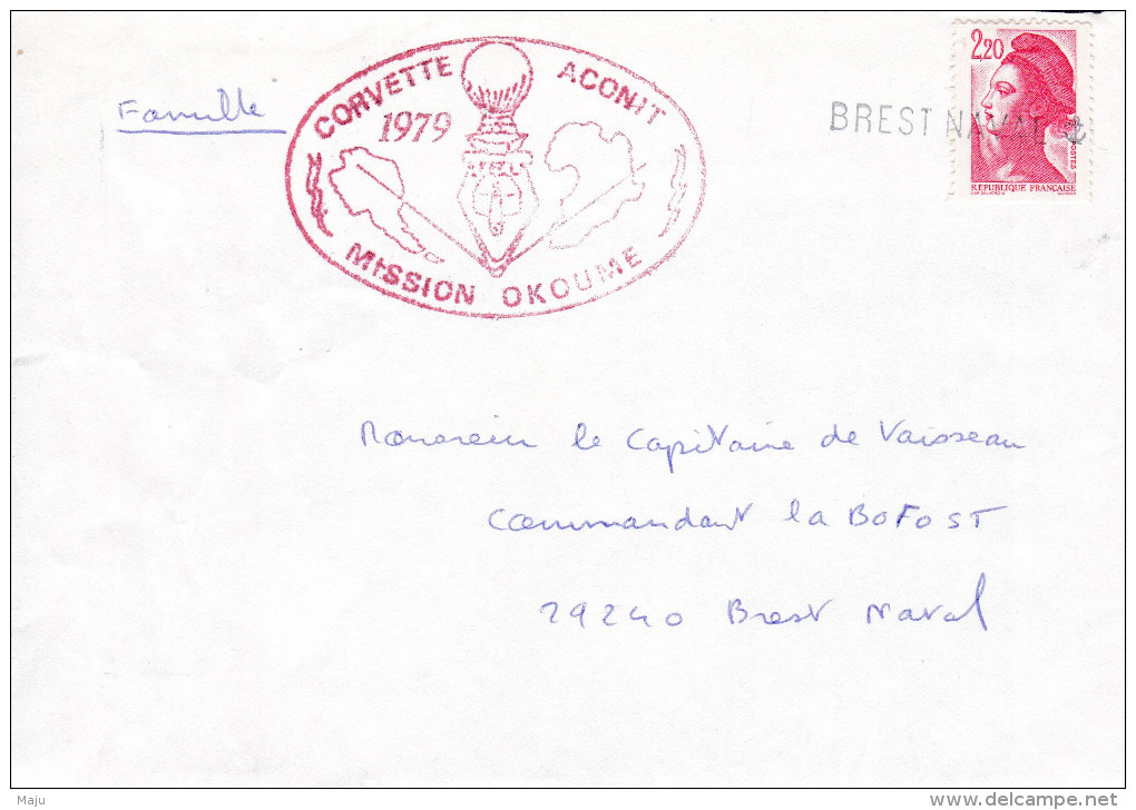 CORVETTE  ACONIT 1970 MISSION OKOUME 1979 CACHET EN LIGNE BREST NAVAL - Poste Navale