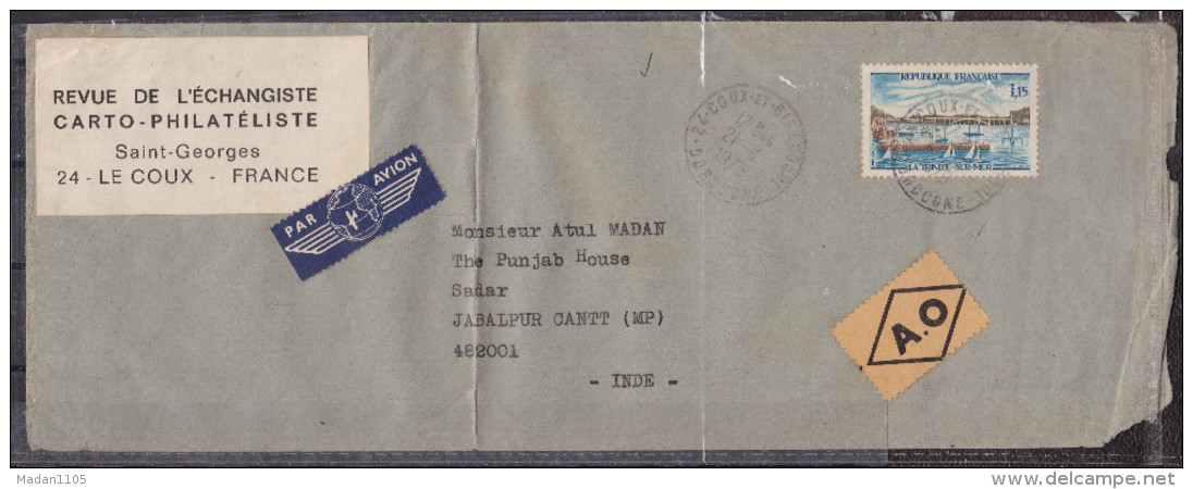 FRANCE, 1975, Airmail Cover (A.O.) From France To India  With 1969 Stamp Affixed Yvert 1585. - 1960-.... Storia Postale