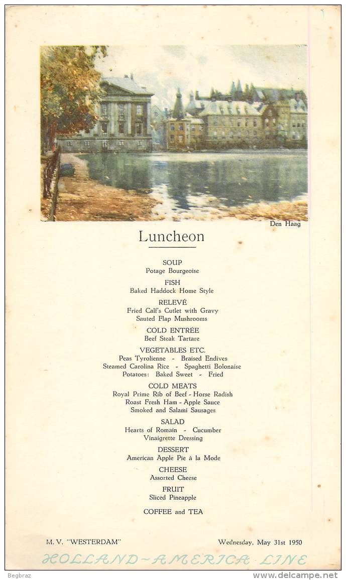 HOLLAND AMERICA LINE  MENU  32 Cm / 19 Cm  DU 31 MAI 1950  DEN HAAG     LUNCHEON   PAQUEBOT - Menükarten