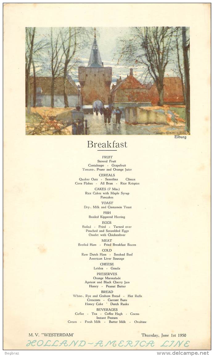 HOLLAND AMERICA LINE  MENU  32 Cm / 19 Cm  DU 1 JUIN  1950  BREAKFAST     ELBURG   PAQUEBOT - Menus