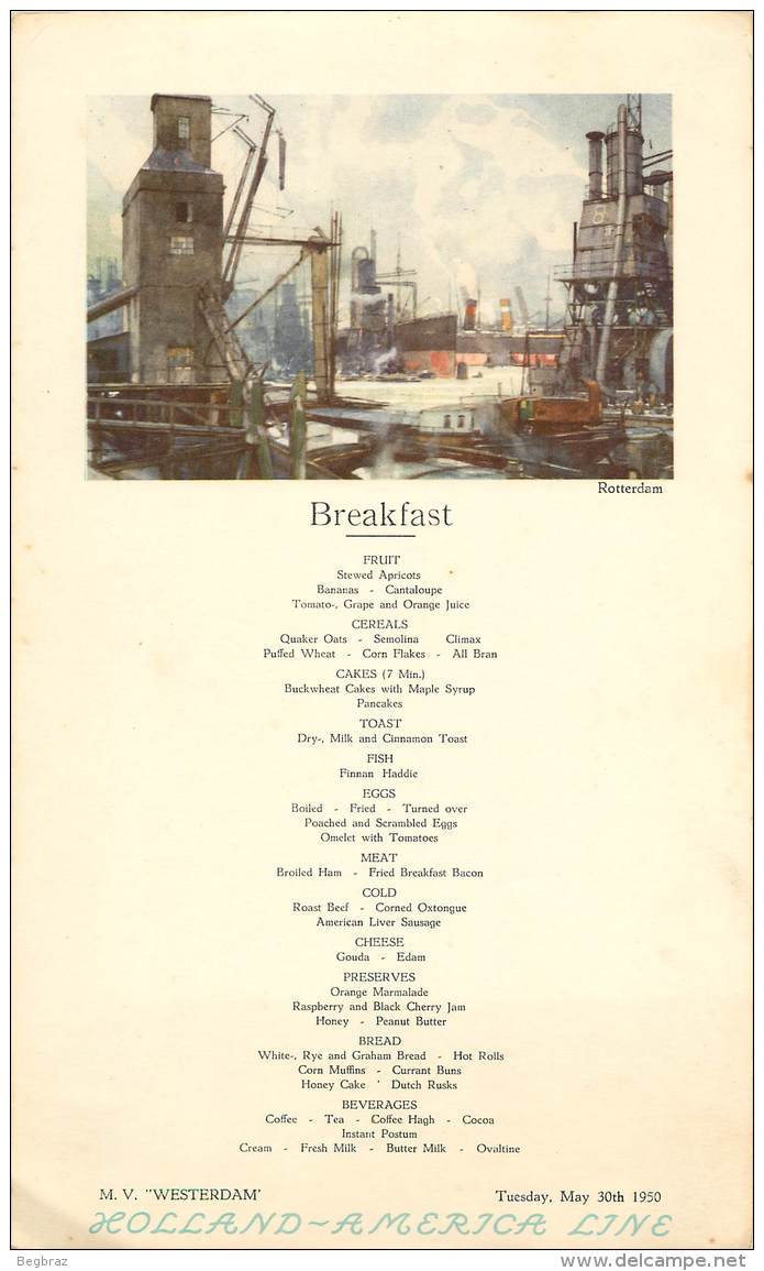 HOLLAND AMERICA LINE  MENU  32 Cm / 19 Cm  DU 30 MAI 1950   BREAKFAST   ROTTERDAM  PAQUEBOT M V WERTERDAM - Menus