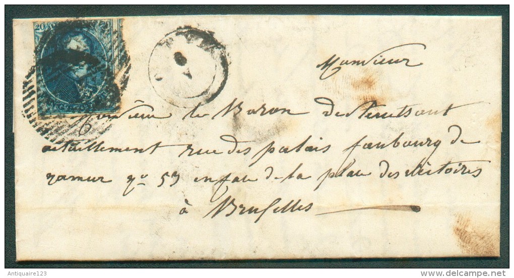 N°4 - Médaillon 20 Centimes Bleu, Touché Mais Voisin à Droite, Obl.D.44 Sur Lettre Avec Contenu De LENS-SUR-GEER + Càd T - 1849-1850 Medaillons (3/5)