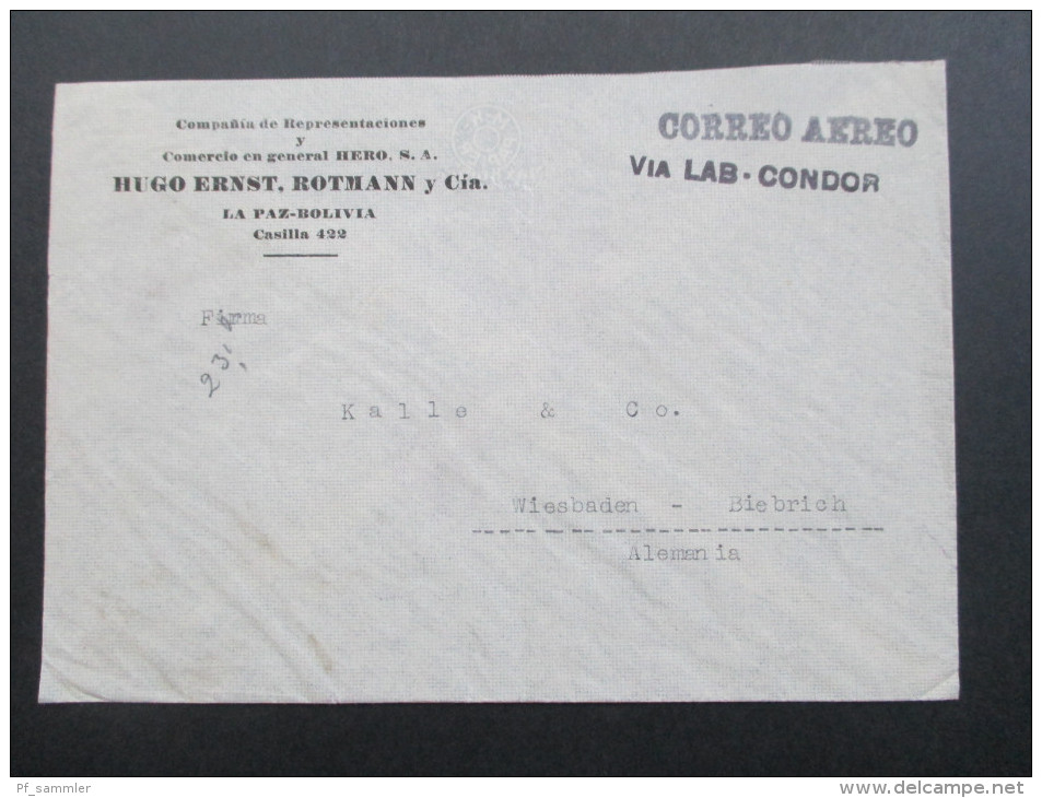 Bolivien 1939 Luftpostbeleg Correo Aero / Via LAB Condor. MiF. Marken Mit Aufdruck! Sehr Interessanter Beleg!! - Bolivien