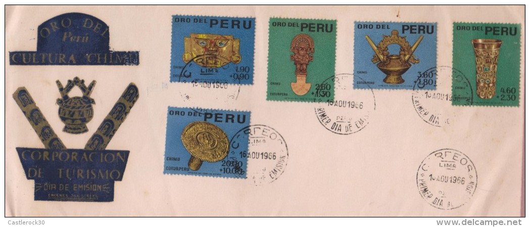 E)1966 PERU, GOLD FUNERARY MASK, THE DESIGNS SHOW GOLD OBJETCS OF THE 12TH-13TH CENTURIES CHIMU CULTURE, PAIR OF 5, FDC - Peru