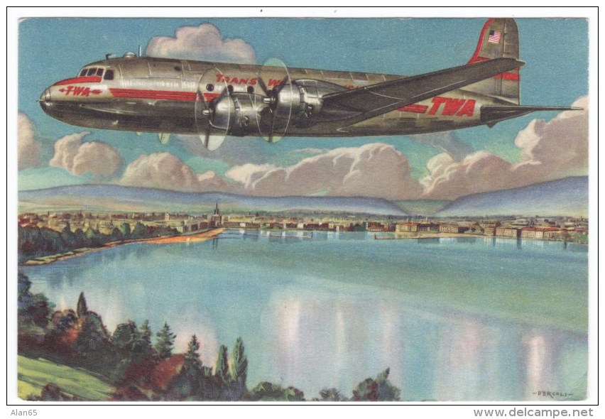 TWA Trans-World Airways, Propeller Plane Over Geneva, D'Ercoli Artist Image, C1950s Vintage Postcard - 1946-....: Moderne