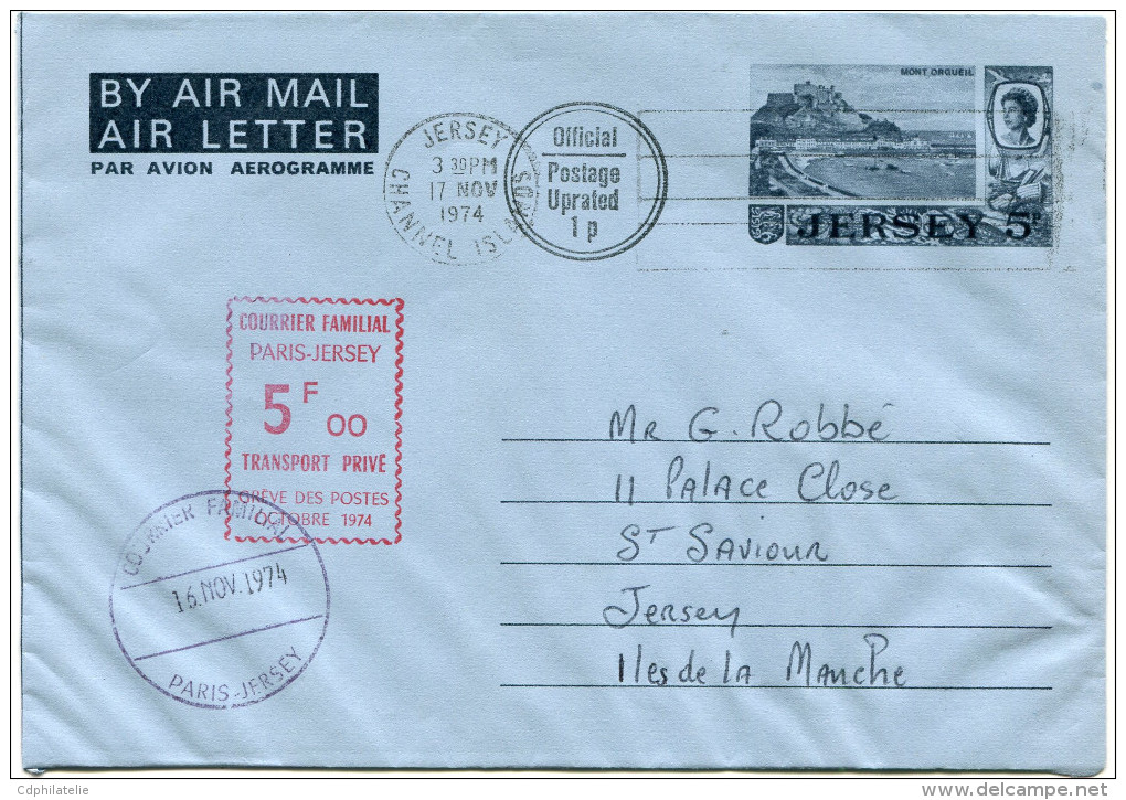 FRANCE GREVE DE 1974 AEROGRAMME AVEC CACHET ROUGE "COURRIER FAMILIAL PARIS-JERSEY TRANSPORT PRIVE GREVE DES...OCT. 1974" - Documenten