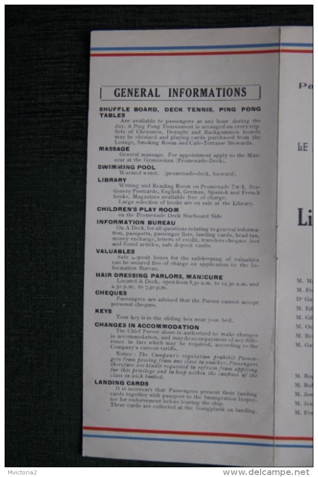 Superbe Dépliant du Paquebot "DE GRASSE" LE HAVRE, PLYMOUTH,NEW YORK le 7 Octobre 1939, Staff et passagers