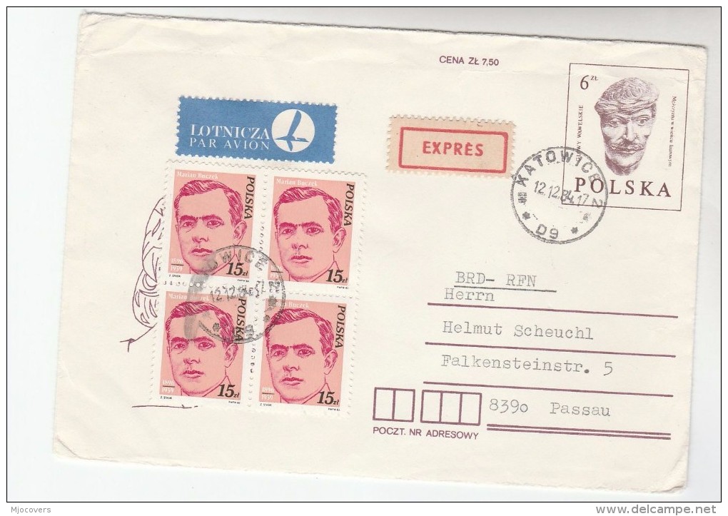 1984 Air Mail POLAND COVER Stamp 4x15z On UPRATED 6z WALESKIE Postal STATIONERY Katowice To Passau GERMANY Express Label - Stamped Stationery