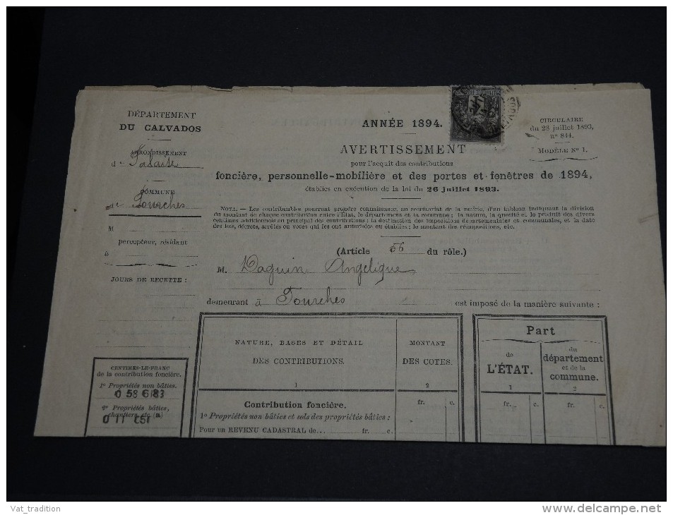 FRANCE - Type Sage Seul Sur Avis De Contributions Foncières Du Calvados 1894- A Voir - L15 - 1877-1920: Semi-Moderne