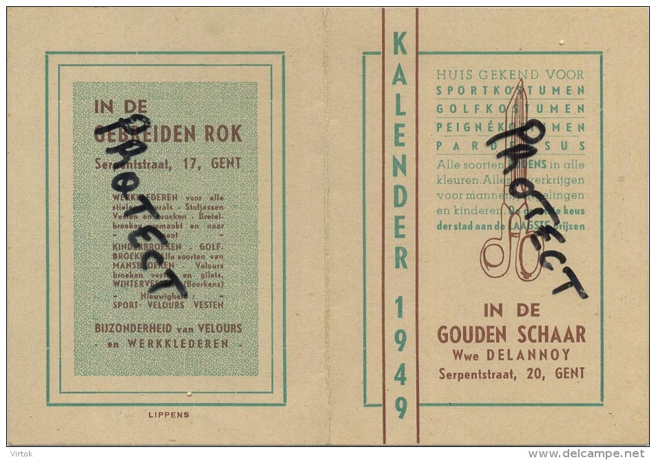 GENT : In De Gouden Schaar  ( Oude Kalender 1949  Formaat 15.5 X 11.5 Cm   )  In Den Gebreiden Rok - Autres & Non Classés