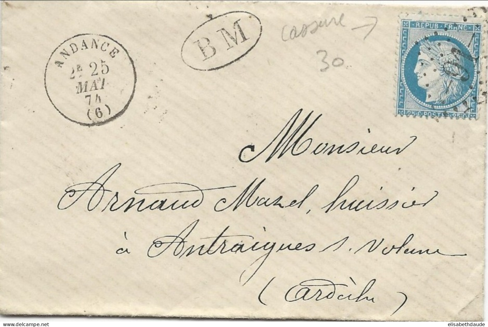1874 - BOITE MOBILE ! CERES VARIETE GRANDE CASSURE (FILET SUPERIEUR) Sur ENV. De ANDANCE (ARDECHE) => ANTRAYGUES - 1871-1875 Cérès