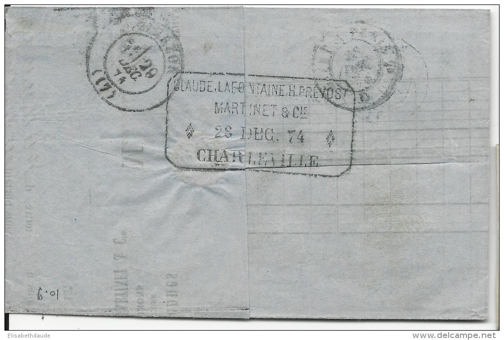 1874 - CERES Dit "LAFONTAINE" IMPRIME "C.L.H.M  & Cie CHARLEVILLE" AU VERSO Du TIMBRE Sur LETTRE (ARDENNES) => VIERZON - 1871-1875 Cérès