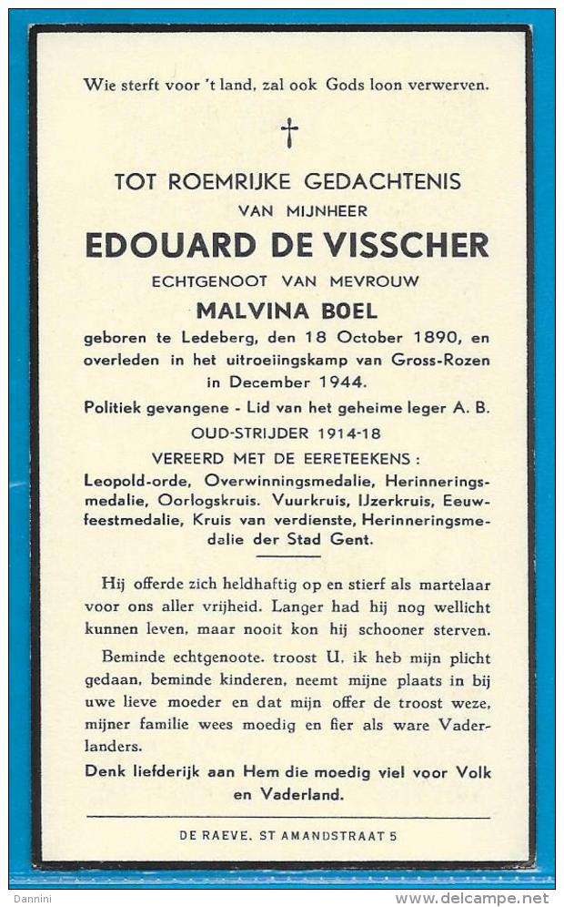 Bidprentje Van (oorlogslachtoffer) Edouard De Visscher - Ledeberg - Gross-Rozen - 1890 - 1944 - Santini