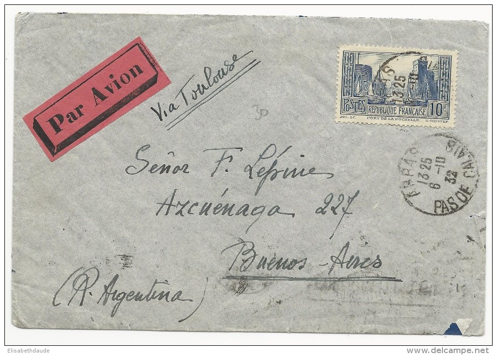 1932 - YVERT N° 261 SEUL SUR LETTRE Par AVION De ARRAS (PAS DE CALAIS) Pour BUENOS AIRES (ARGENTINE) Via TOULOUSE - 1921-1960: Période Moderne