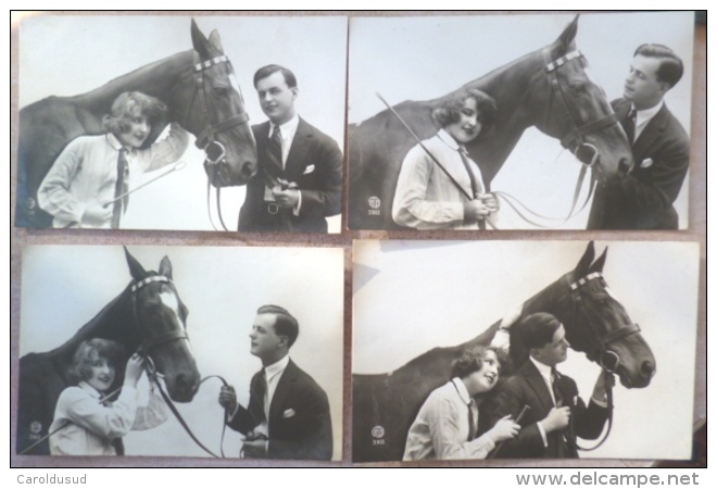 Cpa Lot SERIE DE 4x Photo Veritable Couple Amoureux Flirt Debout Avec Cheval Ecrite 1925 - Sammlungen & Sammellose